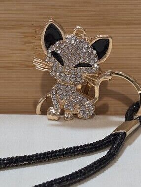 Crystal Encrusted Kitten Purse Charm Wristlet Lanyard Keychain Gold & Black